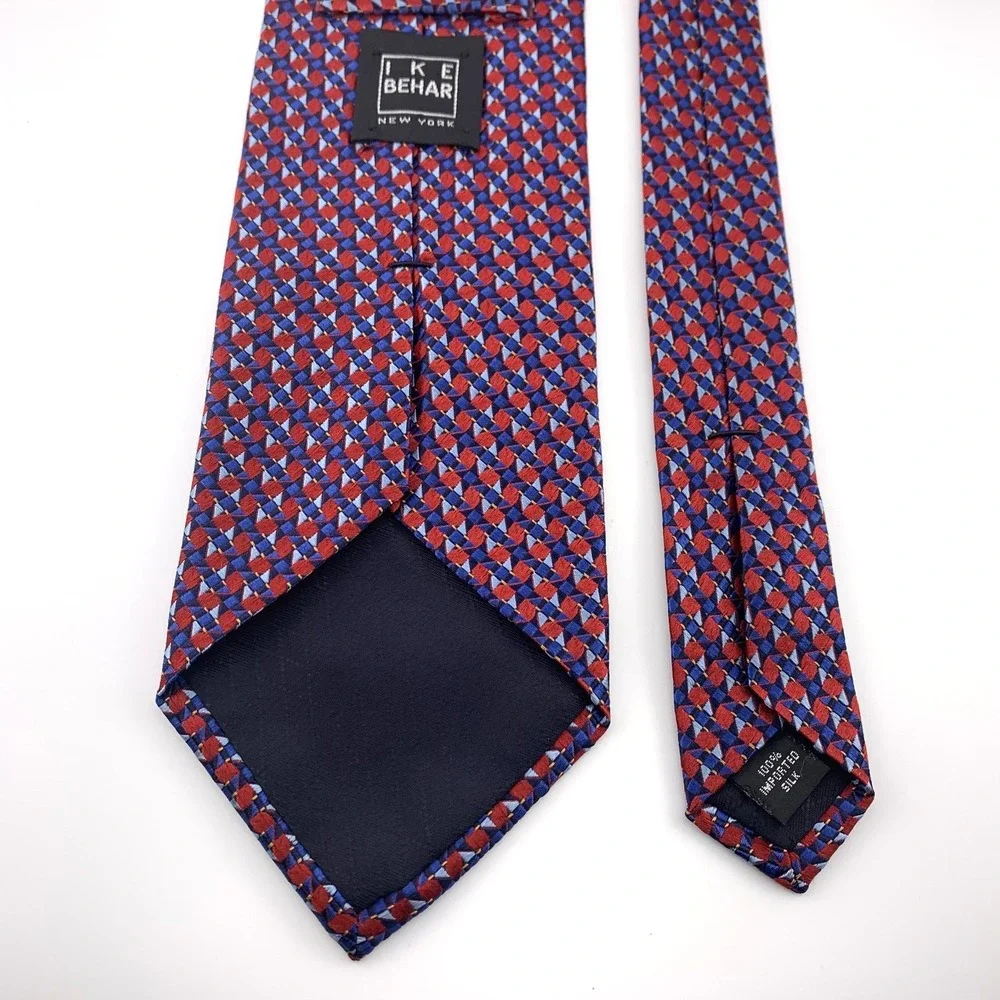 Ike Behar Mens Tie Red & Blue Geometric Repp Thick 100% Silk‎ Necktie